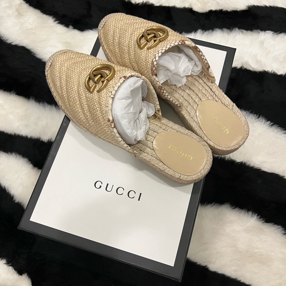 Gucci  Raffia Elaphe GG Marmont Espadrille Slipper Mules size 36.5